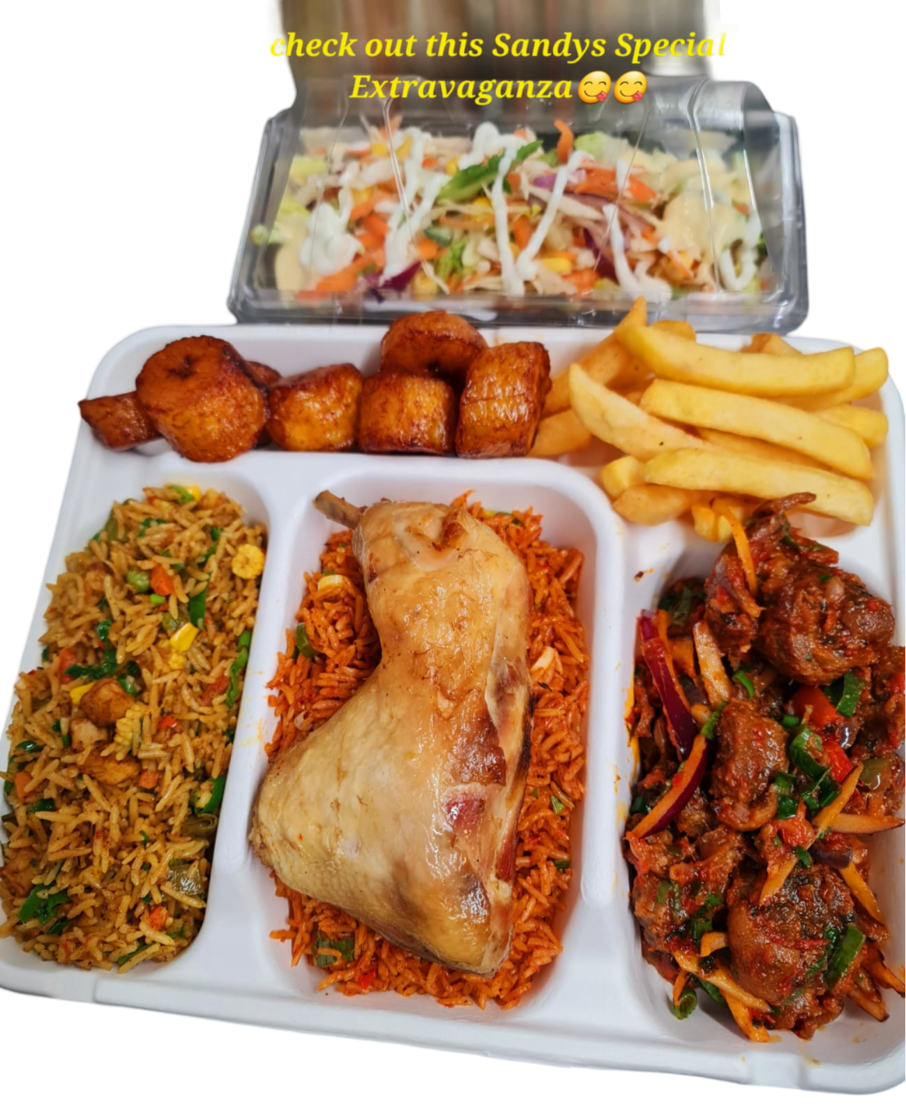 Sandy's Special Extravaganza meal with rice, chicken, plantain, chips, meat and salad