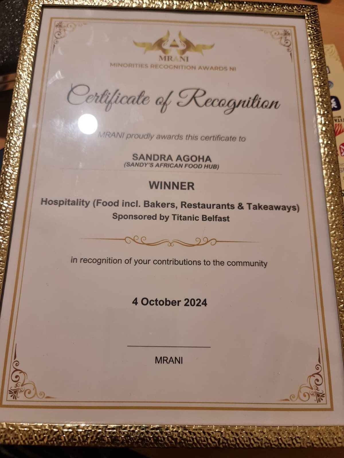 MRANI 2024 Certificate of Recognition awarded to Sandra Agoha of Sandy's African Food Hub